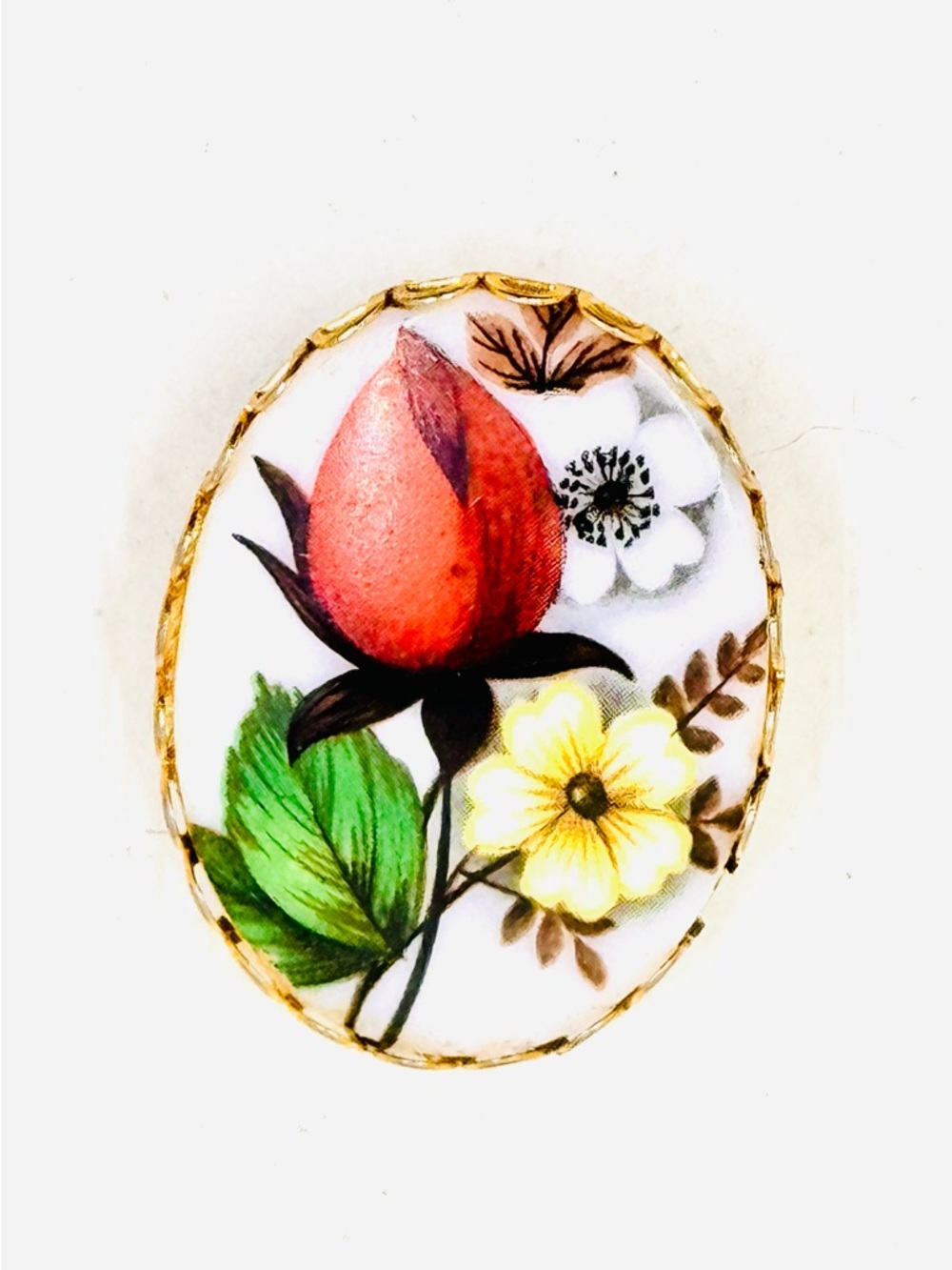 Vintage Gold Tone Framed Floral Flower Painted Milk Glass Cameo Style Brooch